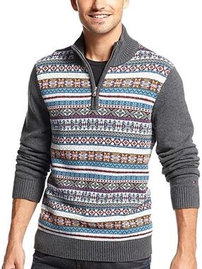 Tommy Hilfiger Gray Fair Isle Zip-Up Sweater with Multicolor Pattern Mock Neck